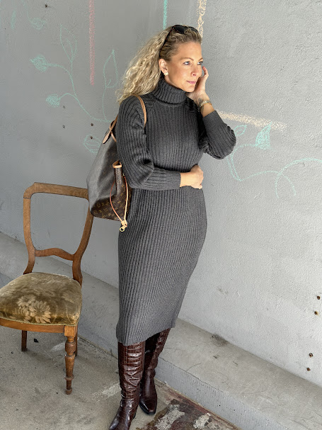 YAS Mavi Knit Midi Rollneck Dress Grey Melange