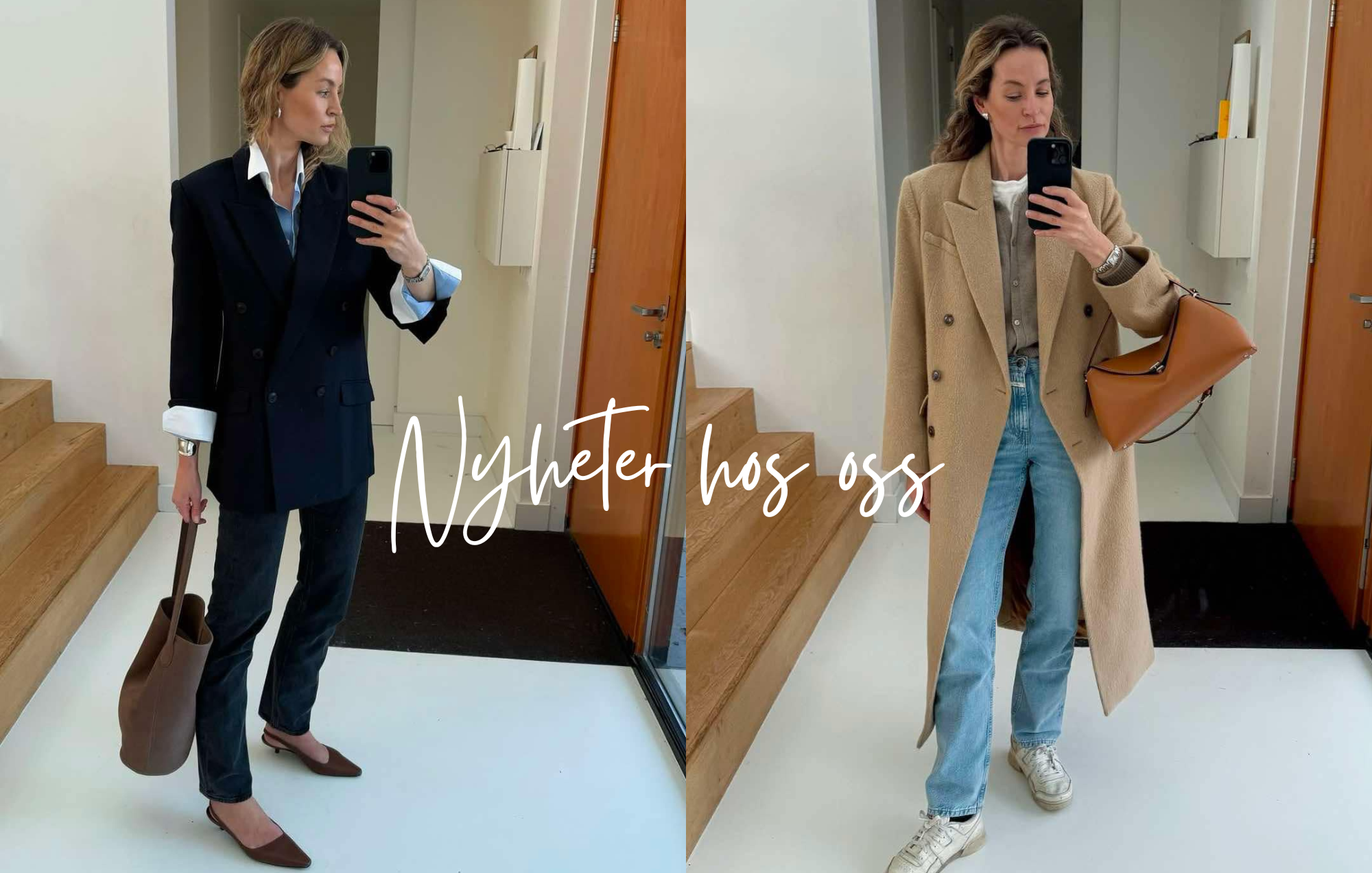 to modeller. En med sort dress og hvit skjorte, og en med jeans, brun genser og kaki trench coat.